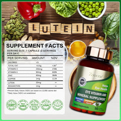 Supplement facts panel showing zinc, copper, vitamins C and E