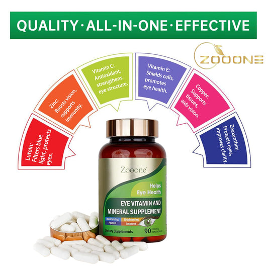 Close-up of Zooone ingredients including lutein, zeaxanthin, vitamins E and C, zinc and copper