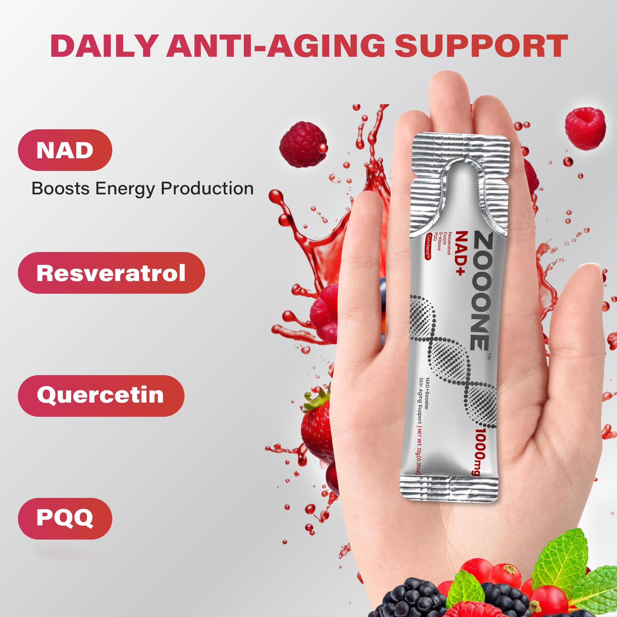 Zooone NAD+ berry-dissolve sachet ready for fast absorption after workouts.