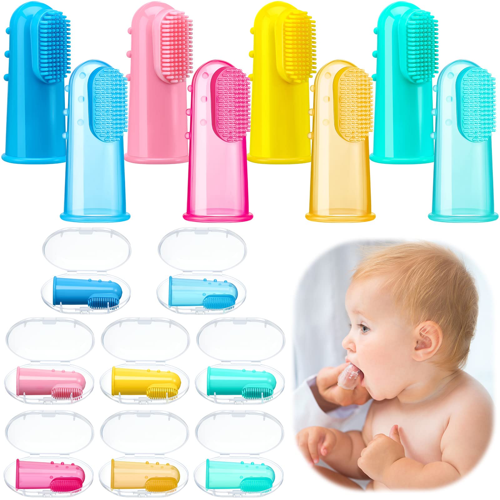 Zopeal 8-piece baby finger toothbrush set with travel boxes in pink, green, blue, and yellow