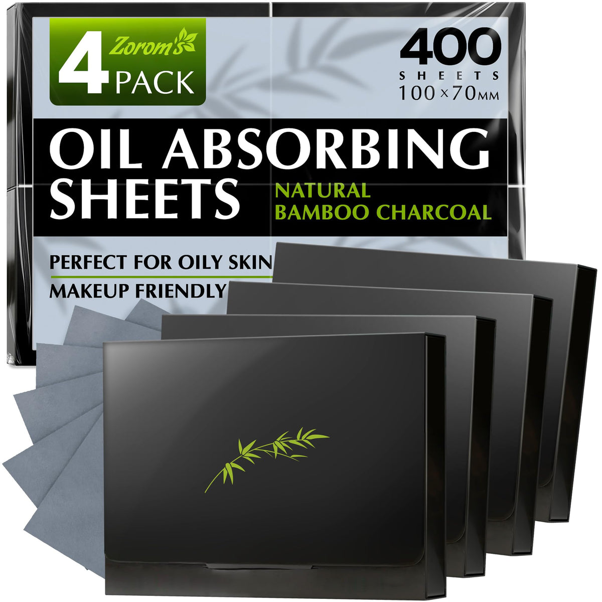 ZOROM'S bamboo charcoal blotting sheets for fast oil absorption in a 4-pack.