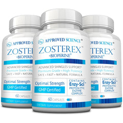 Front view of Approved Science Zosterex bottle with 180 vegan capsules.