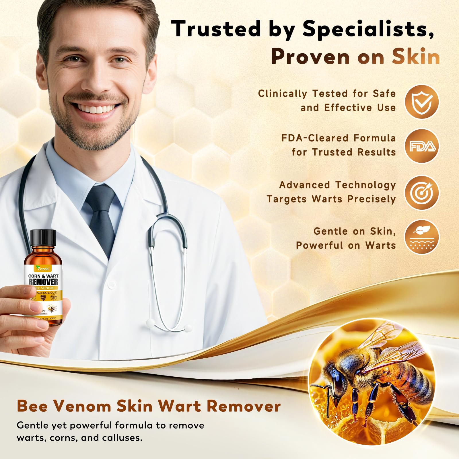 Zozdal bee venom wart remover detail emphasizes dual-action therapy
