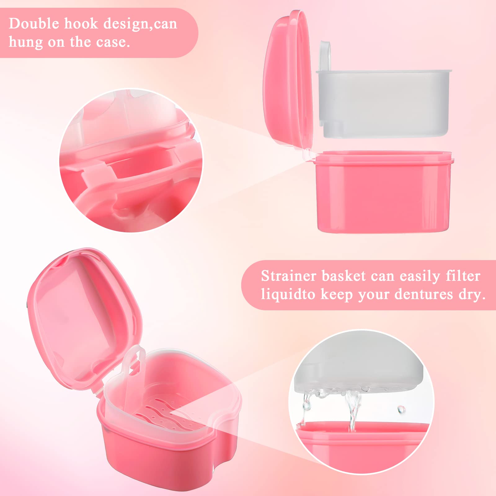 Zubebe denture case set in pink color with drain basket