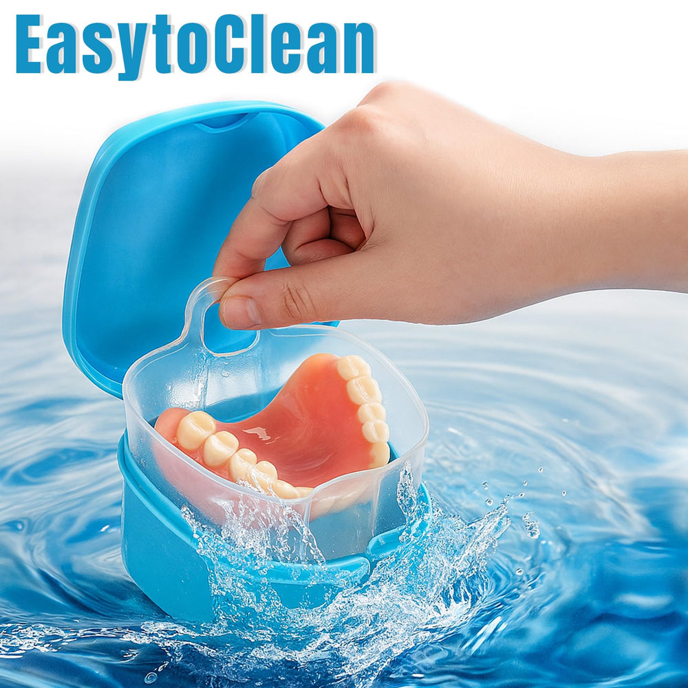 Zubebe denture case dark blue color with strainer basket