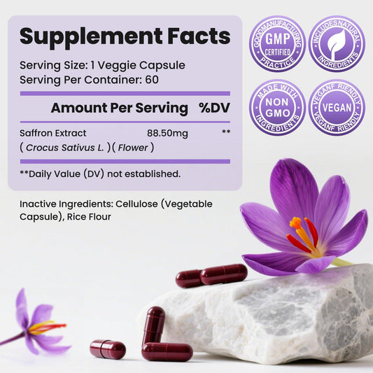 Label showing 88.5 mg saffron per serving