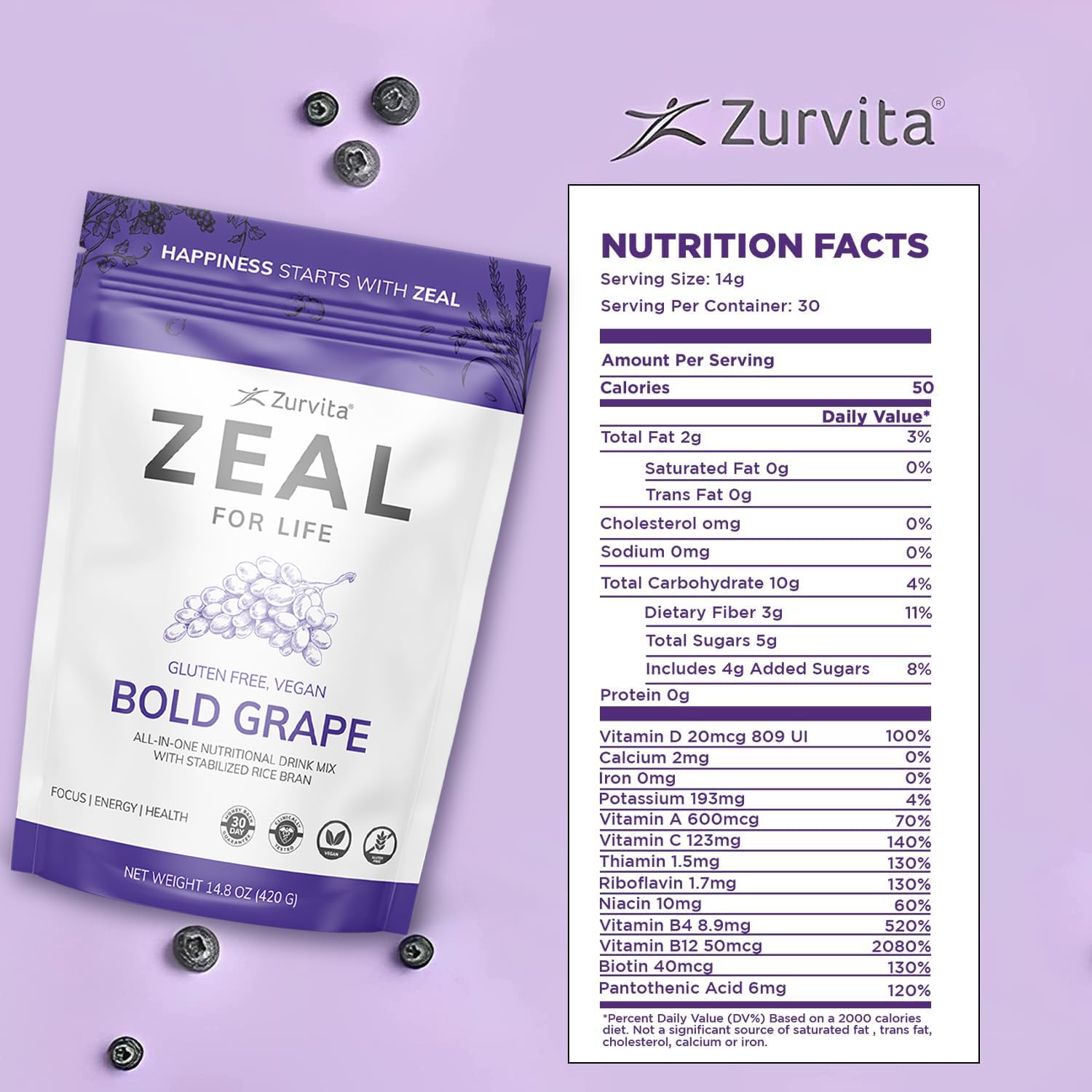 Zurvita Zeal for Life bold grape powder dissolving in water for a quick energy boost.