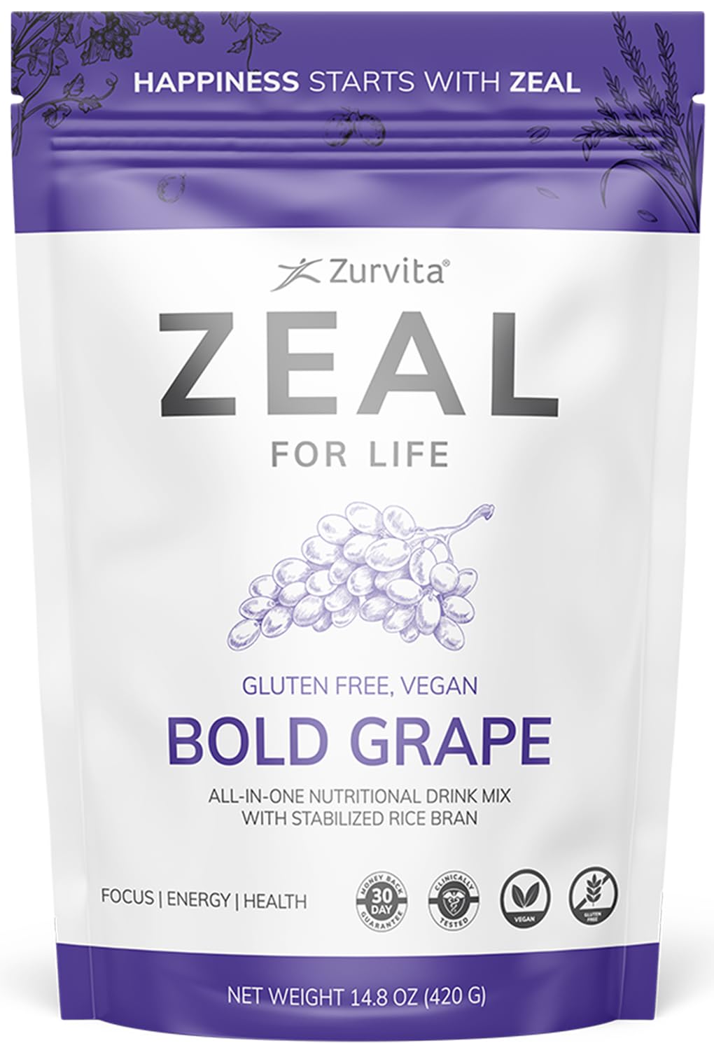 Zurvita Zeal for Life bold grape powder tub with scoop for daily nutrition.