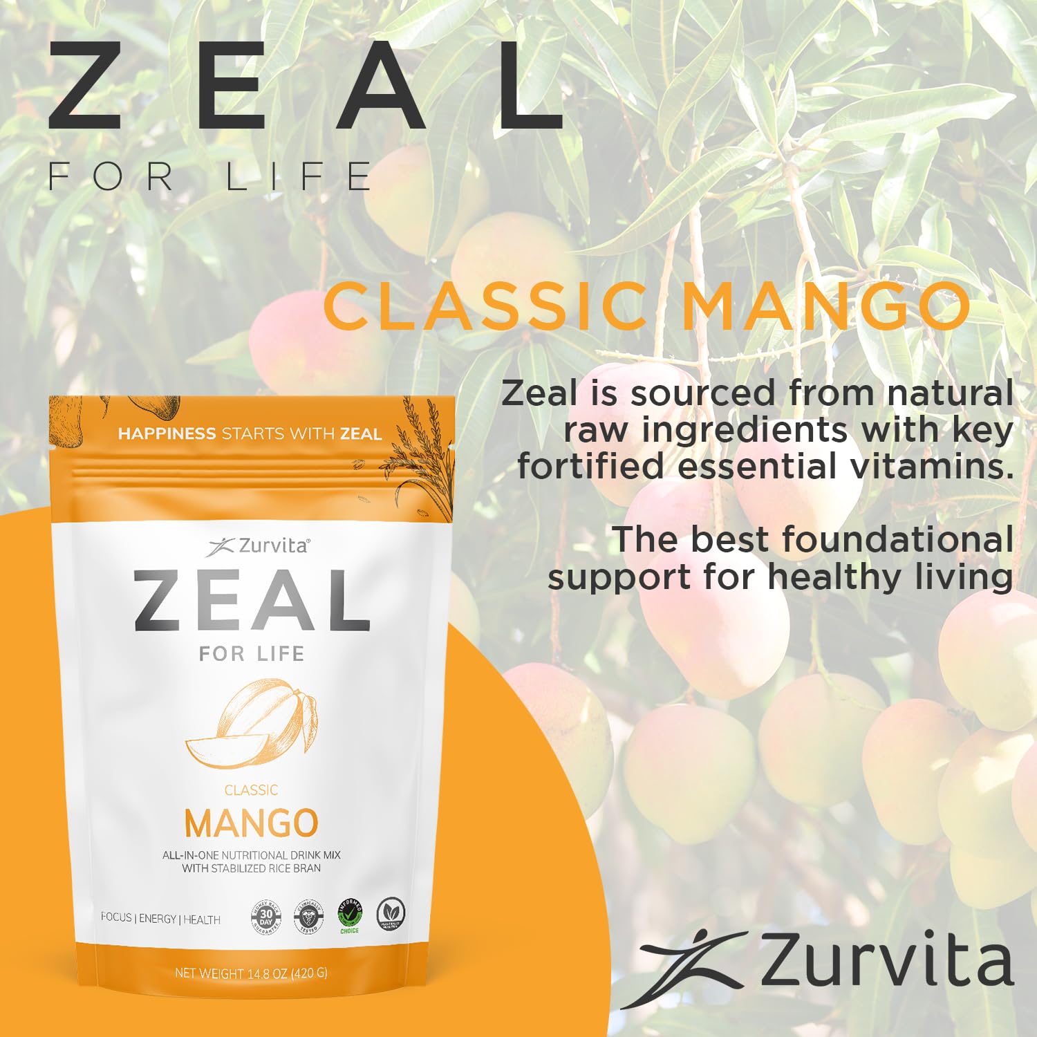 Zurvita Zeal for Life Mango ingredients panel on tub showcasing whole-food nutrients.