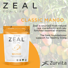 Zurvita Zeal for Life Mango ingredients panel on tub showcasing whole-food nutrients.