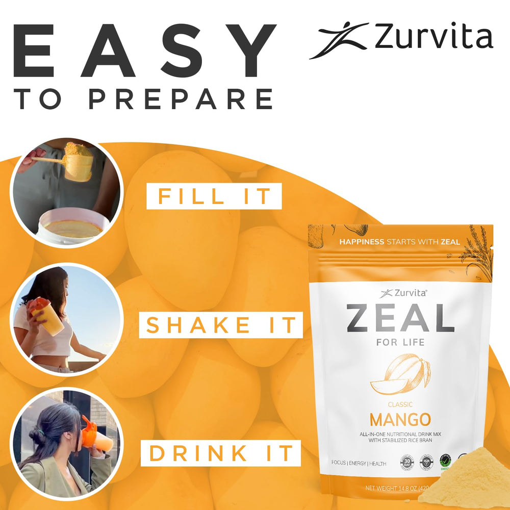 Zurvita Zeal for Life Mango on-the-go serving ideal for quick wellness moments.