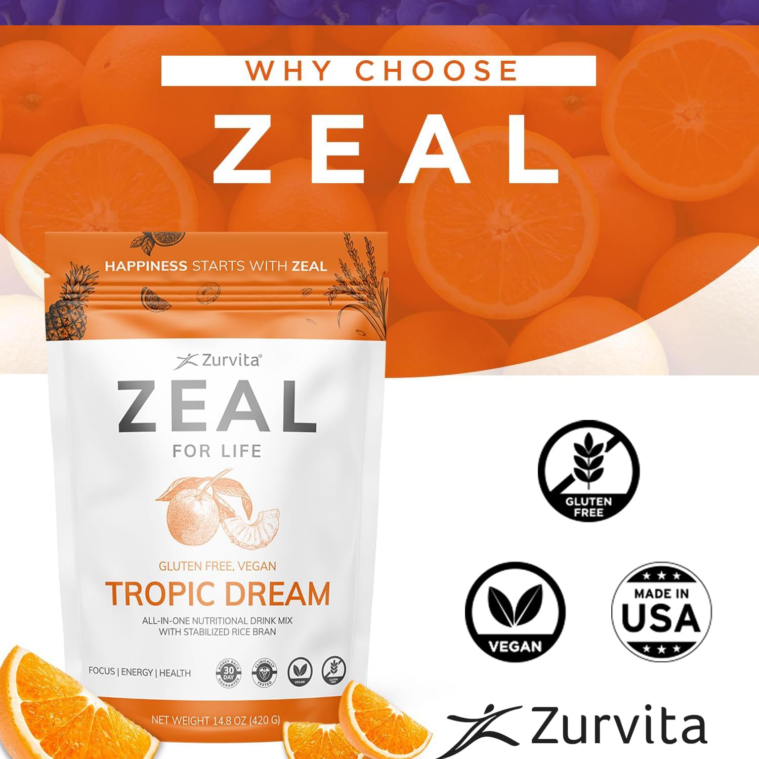 Prepared Zurvita Zeal for Life Tropic Dream drink in a glass, refreshing morning option.