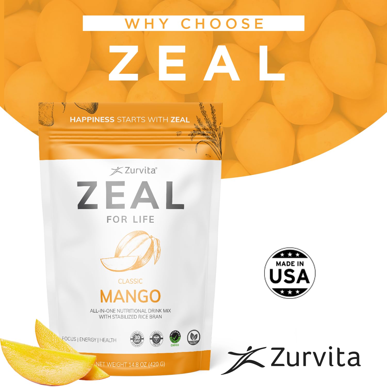 Zurvita Zeal for Life Mango powder beside vitamin icons suggesting broad nutrient support.