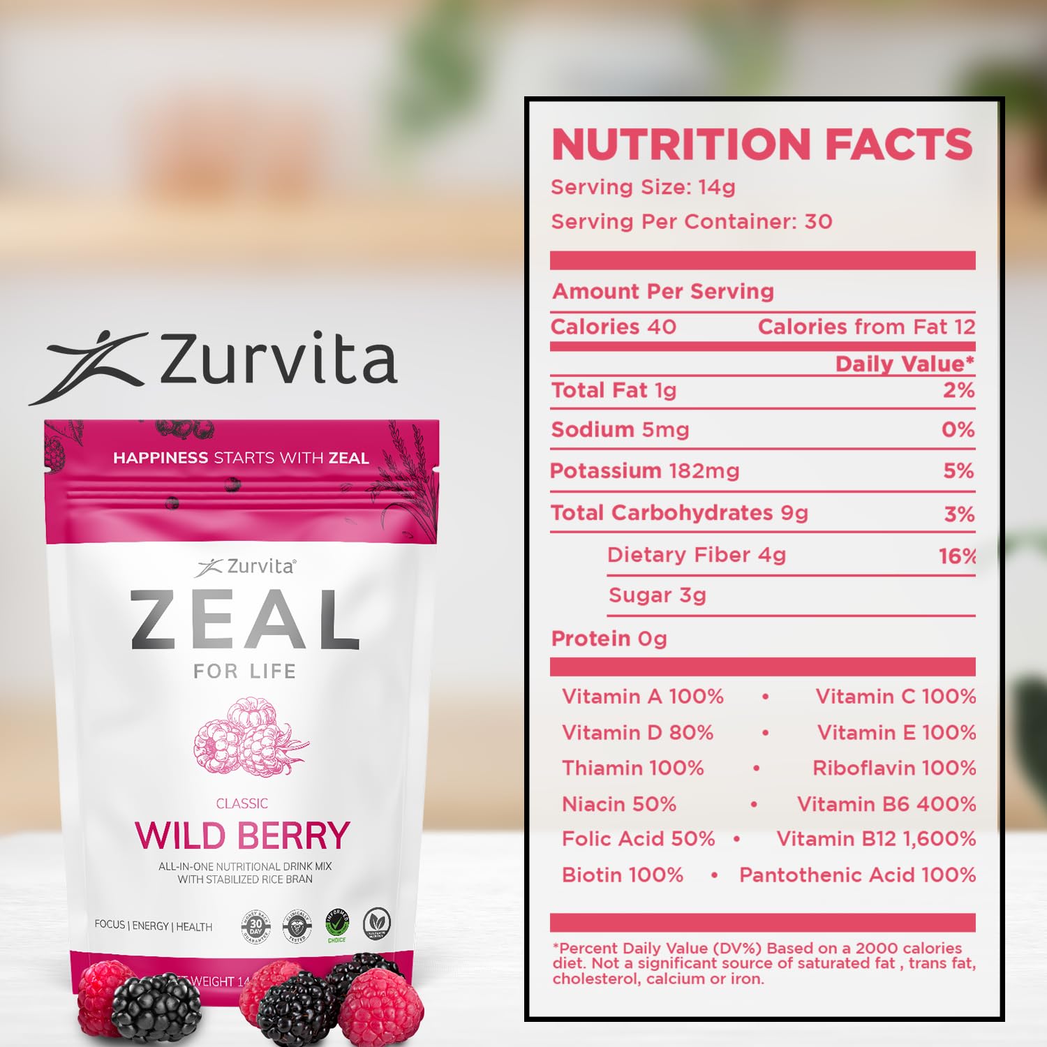 Close-up of Zurvita Zeal Life Wild Berry Classic label on 420 g container
