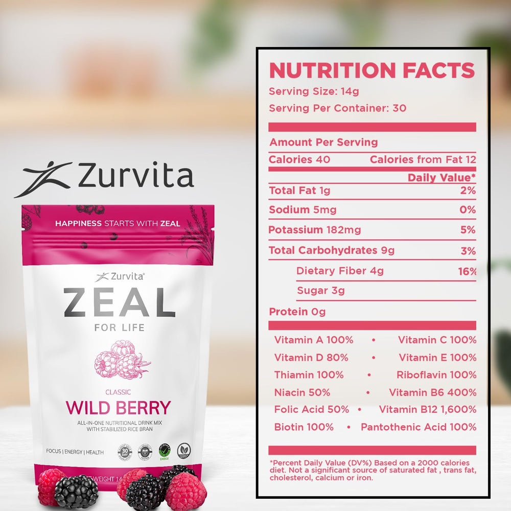 Close-up of Zurvita Zeal Life Wild Berry Classic label on 420 g container