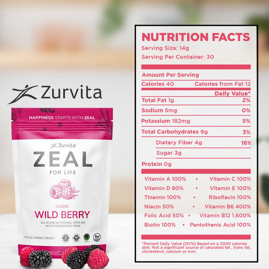 Close-up of Zurvita Zeal Life Wild Berry Classic label on 420 g container