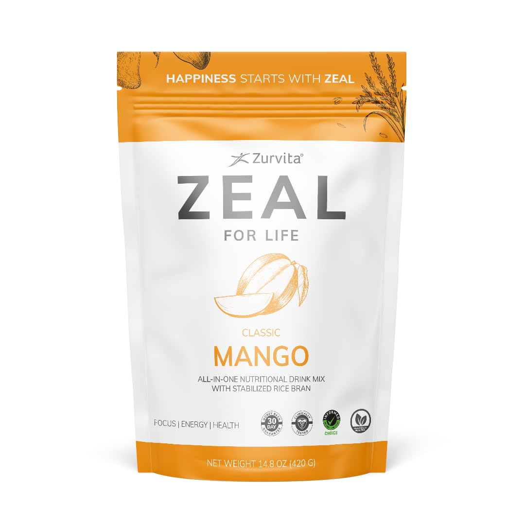 Front view of Zurvita Zeal for Life Wellness Drink Mix Mango packaging