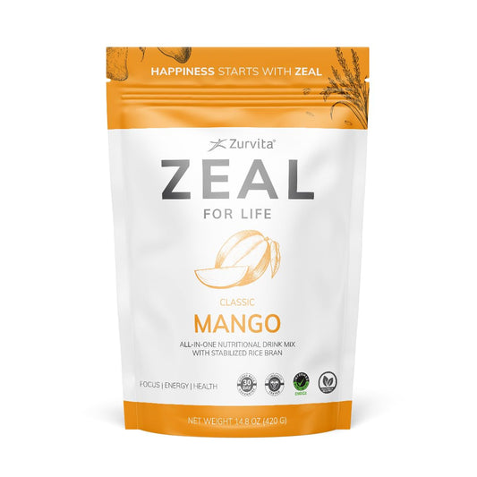 Front view of Zurvita Zeal for Life Wellness Drink Mix Mango packaging