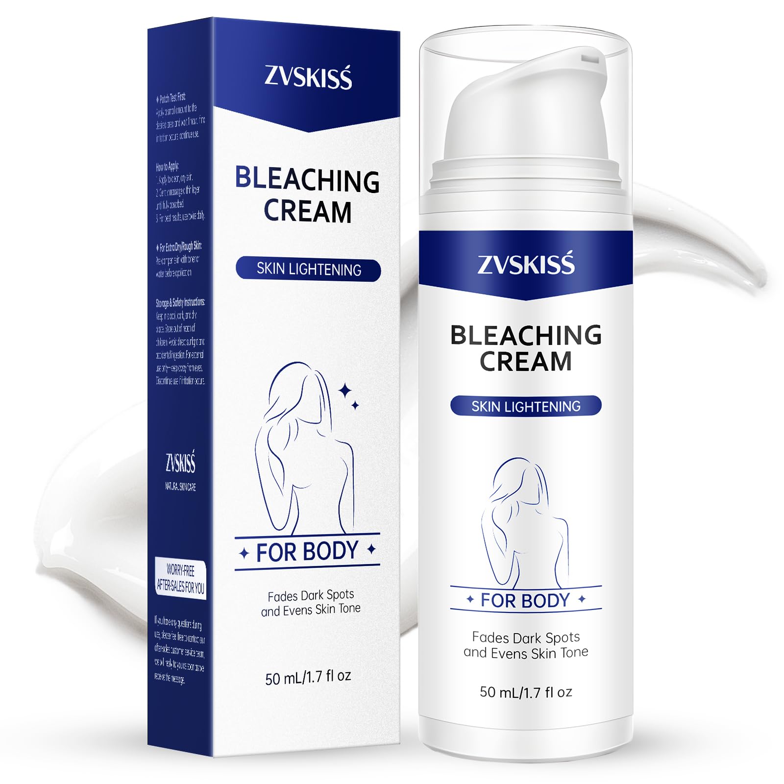 ZVSKISS Skin Bleaching Cream bottle close-up showing lightweight formula for sensitive areas