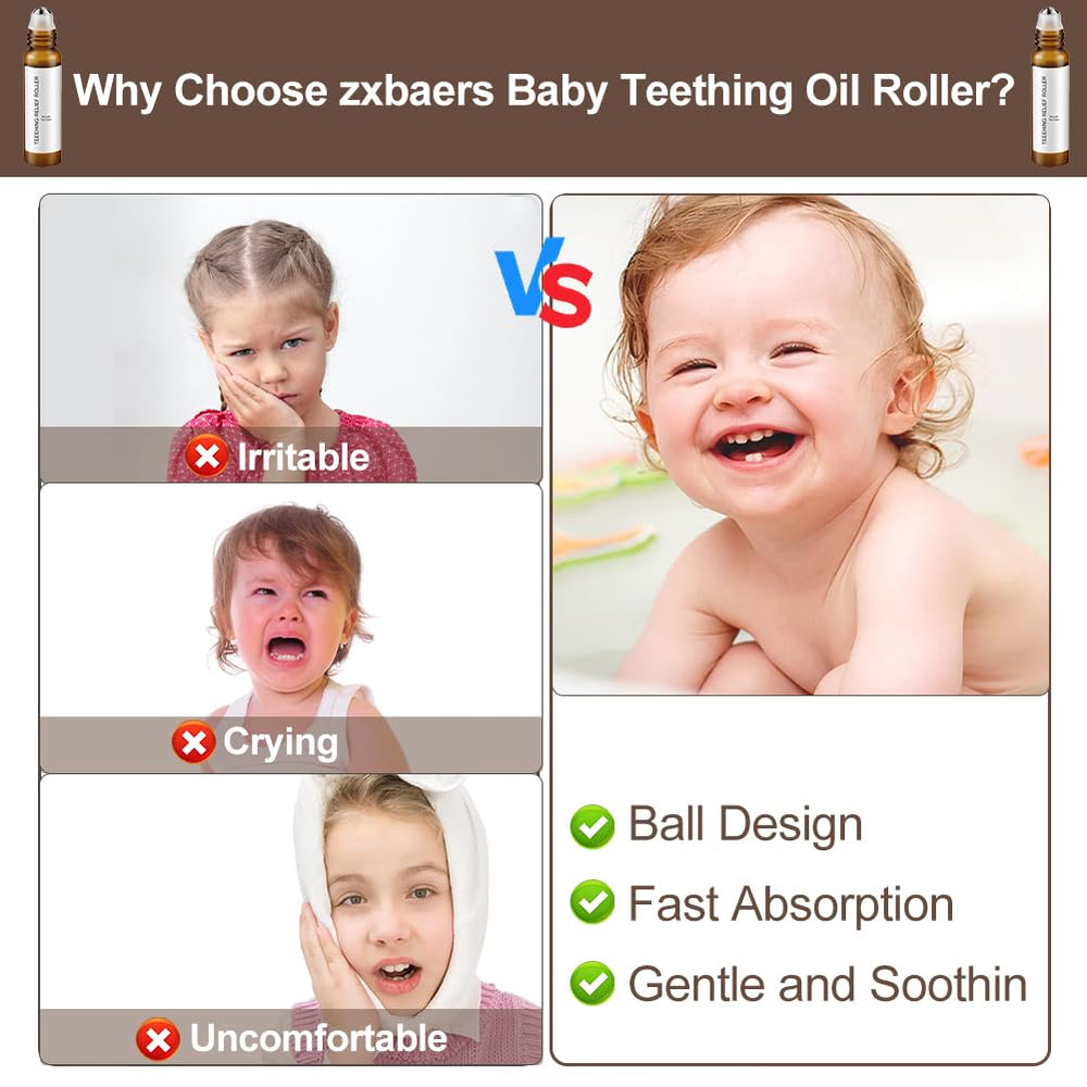 Teething roller being rolled along baby's cheek to soothe pain