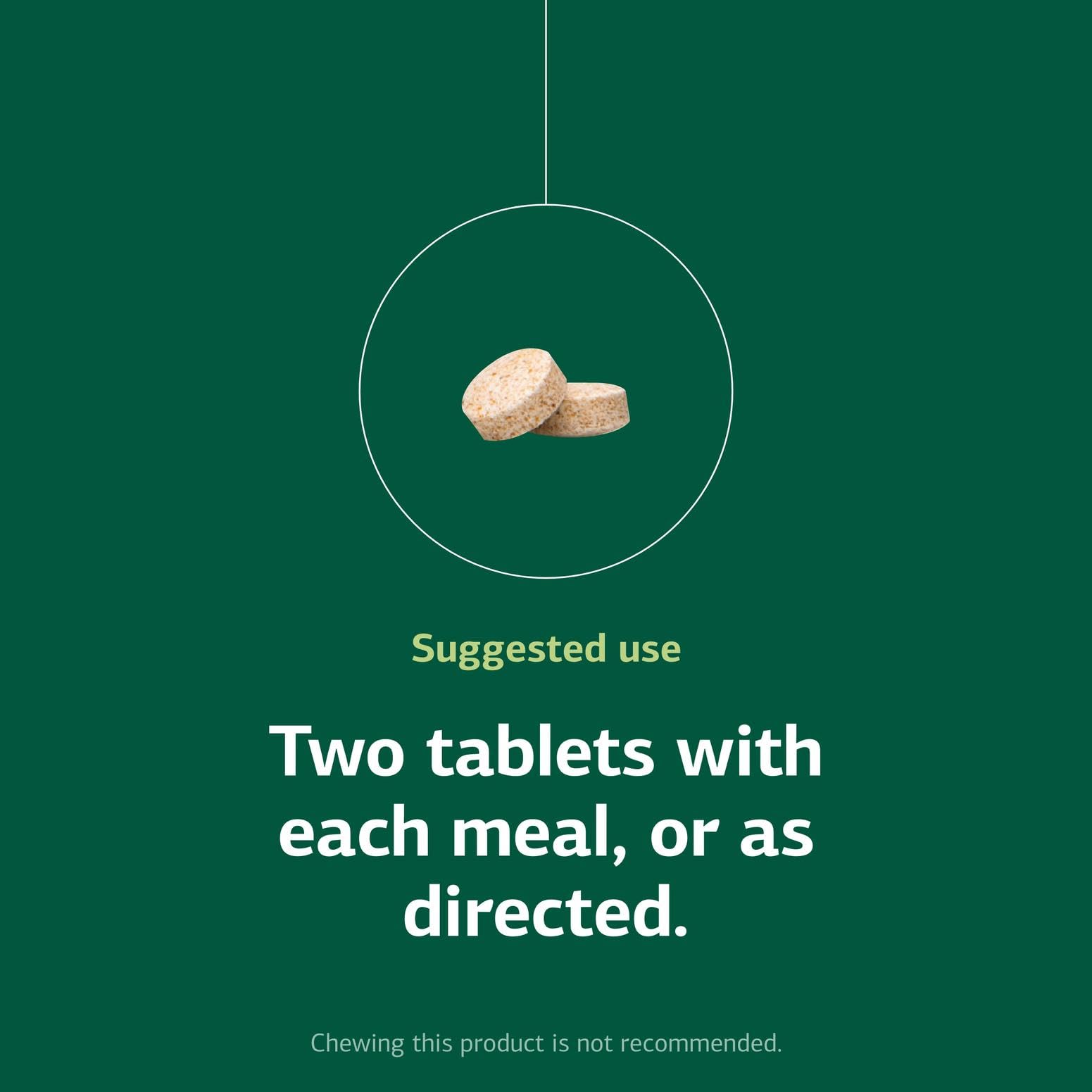 Dosage guidance showing two tablets per meal (not chewed)