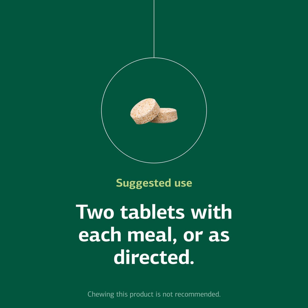Dosage guidance showing two tablets per meal (not chewed)