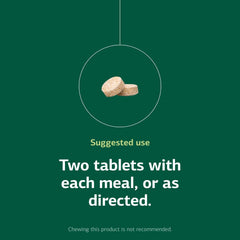 Dosage guidance showing two tablets per meal (not chewed)