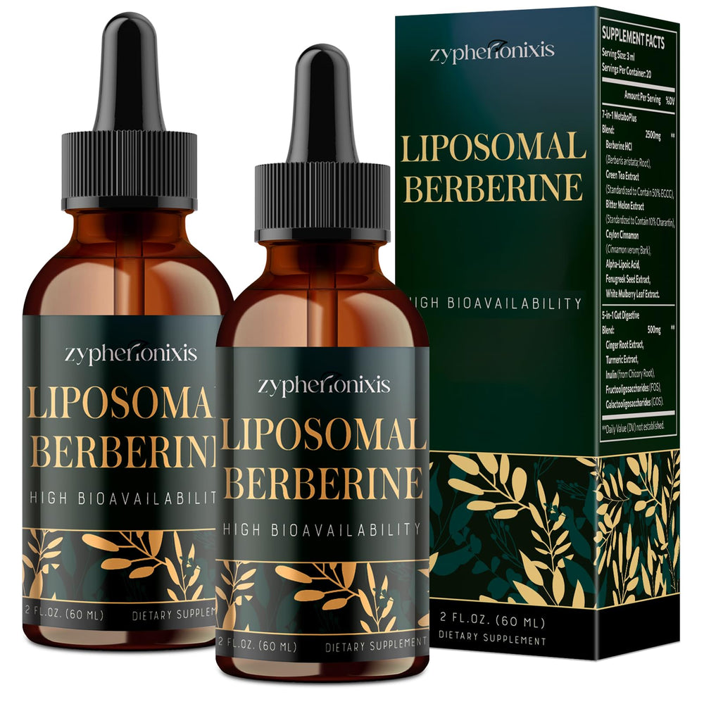 Zypherionixis liposomal berberine drops bottle highlights high-dose, convenient daily use.