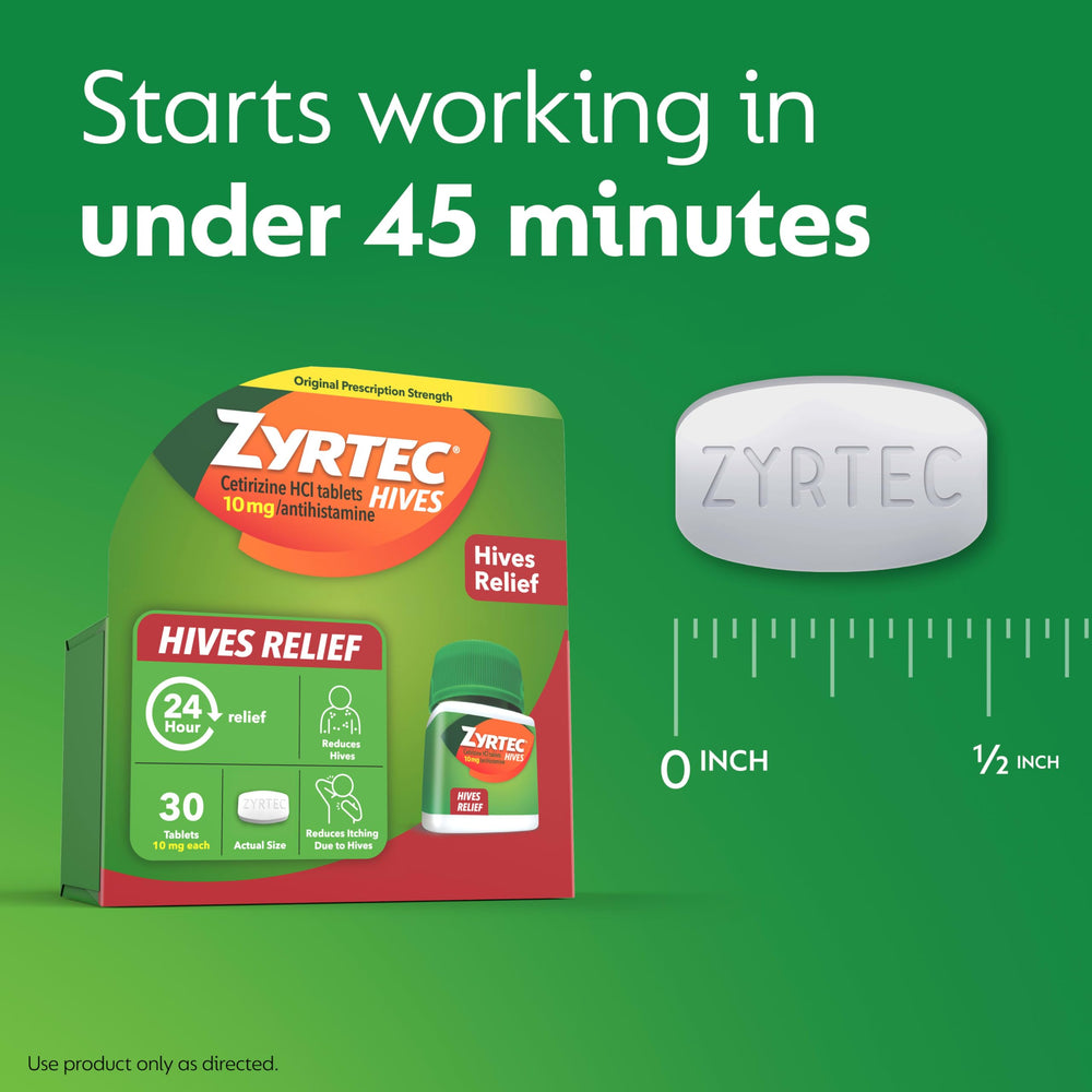 Zyrtec packaging highlights 10 mg cetirizine for hive relief.