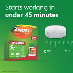 Zyrtec packaging highlights 10 mg cetirizine for hive relief.