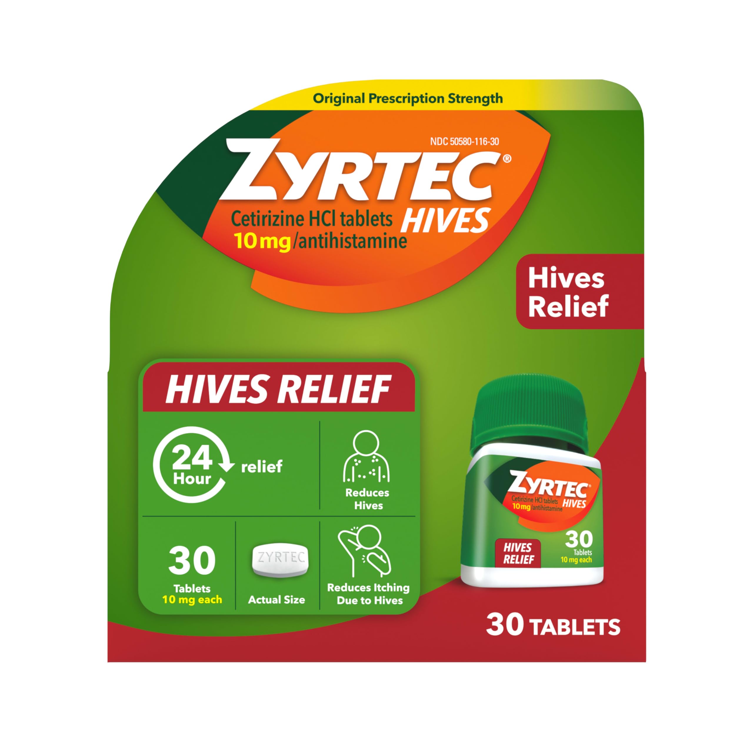 Zyrtec hives relief tablets front view for fast itching relief.