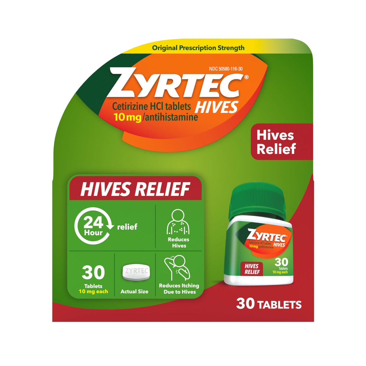 Zyrtec hives relief tablets front view for fast itching relief.