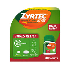 Zyrtec hives relief tablets front view for fast itching relief.