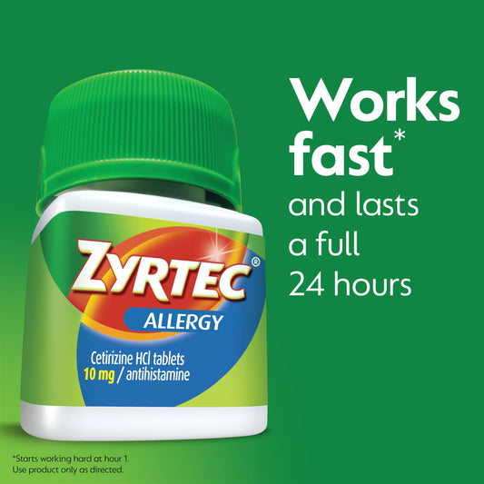 Zyrtec bottle being poured to illustrate daily dosing for all-day relief