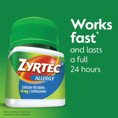 Zyrtec bottle being poured to illustrate daily dosing for all-day relief