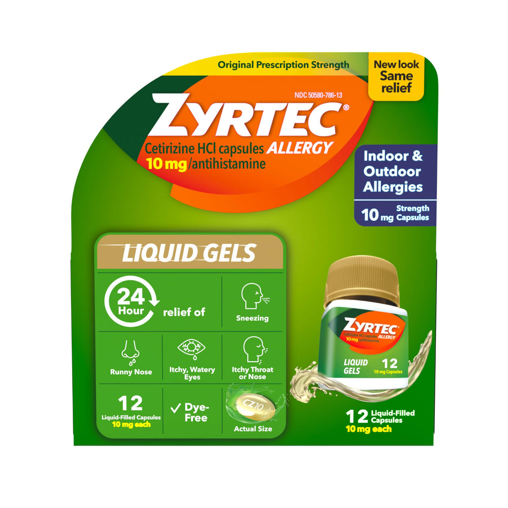 Zyrtec 24-hour allergy relief liquid gels bottle showing all-day relief benefits.