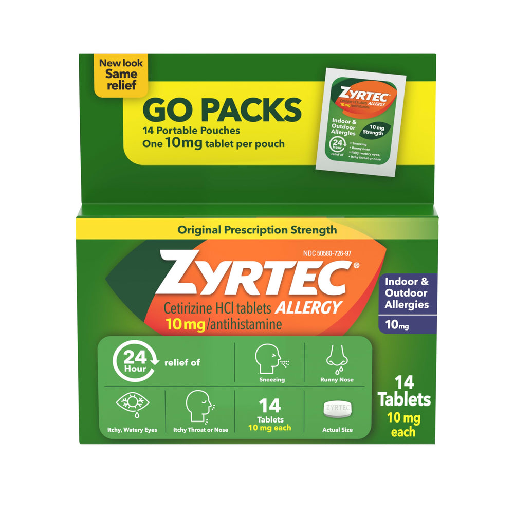 Zyrtec 24-hour allergy relief pack front showcasing multi-pack convenience.