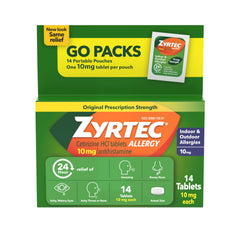 Zyrtec 24-hour allergy relief pack front showcasing multi-pack convenience.