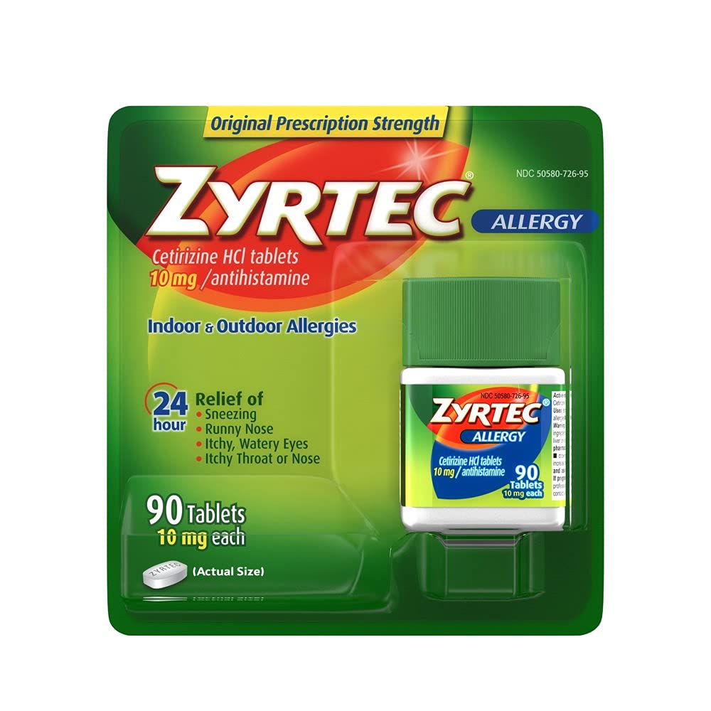 Zyrtec Allergy Relief 10 mg tablets bottle and packaging for daily allergy support