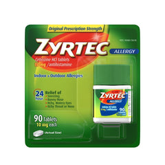 Zyrtec Allergy Relief 10 mg tablets bottle and packaging for daily allergy support