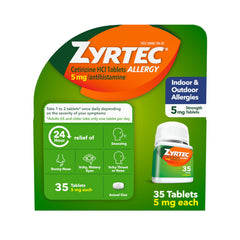 Zyrtec bottle-35ct on shelf supports all-day allergy relief at home.