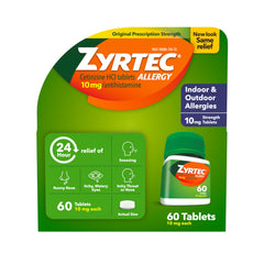 Zyrtec bottle 60-count offers all-day allergy relief for indoor and outdoor symptoms.
