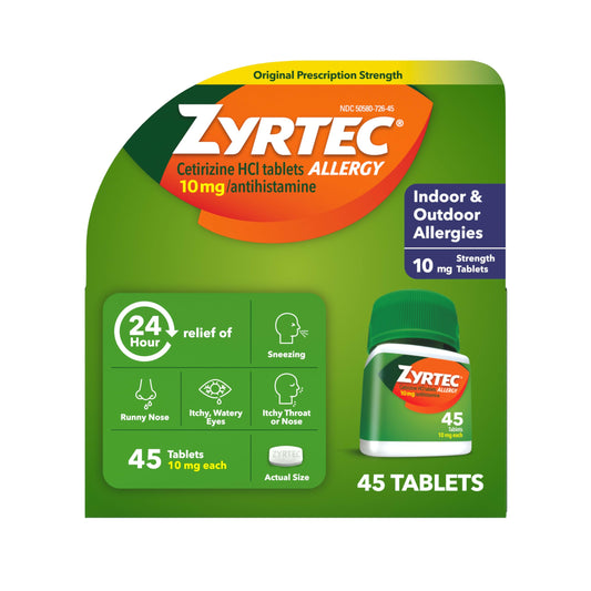 Zyrtec bottle-front shows 24-hour allergy relief for indoor and outdoor symptoms.