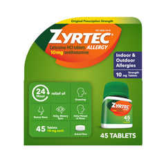 Zyrtec bottle-front shows 24-hour allergy relief for indoor and outdoor symptoms.