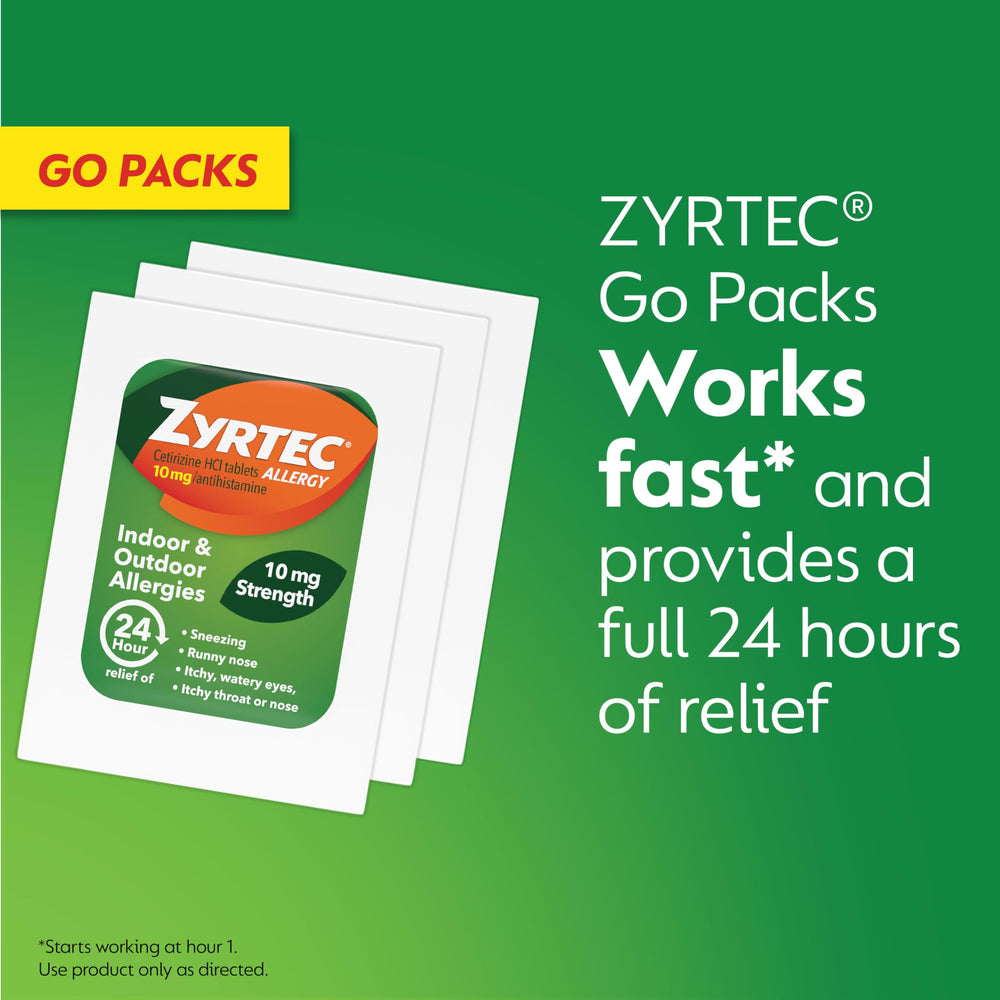 Zyrtec bottle in use scene suggests quick symptom relief during daily activities.