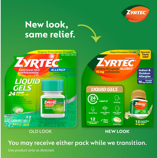Zyrtec cetirizine HCl 10mg capsules close-up for quick symptom relief.