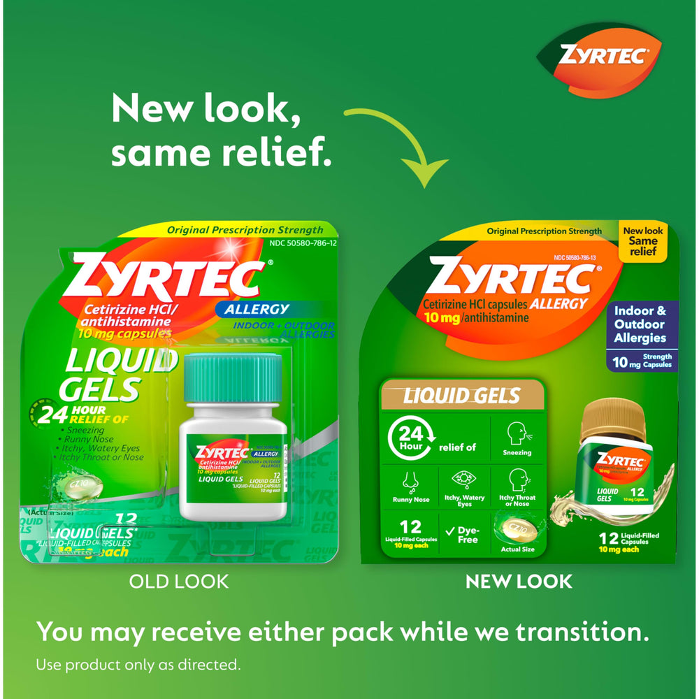 Zyrtec cetirizine HCl 10mg capsules close-up for quick symptom relief.