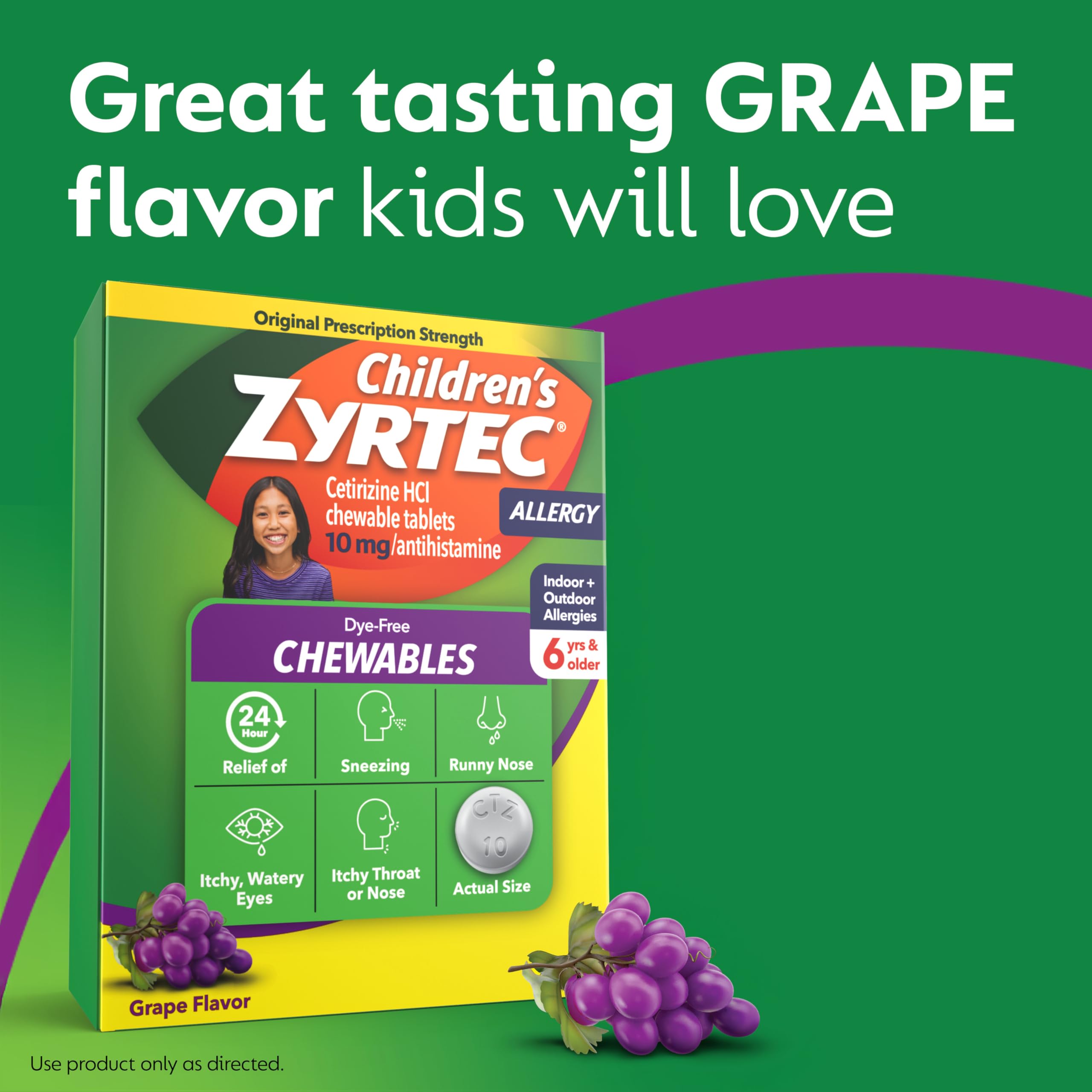 Zyrtec Children dye-free grape label highlights a 10 mg cetirizine dosage.