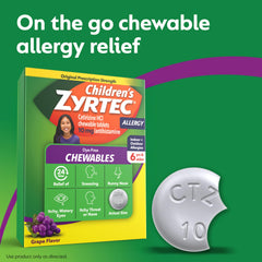 Zyrtec Children dye-free grape chewables on the go during activities.