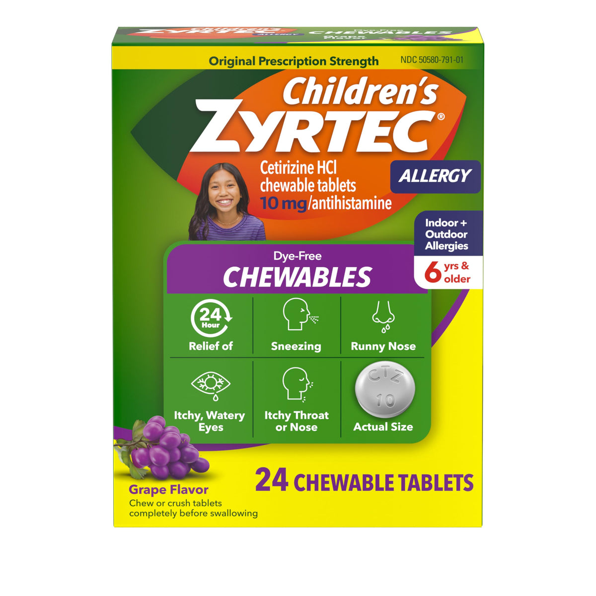 Zyrtec Children dye-free grape package offers easy on the go allergy relief.